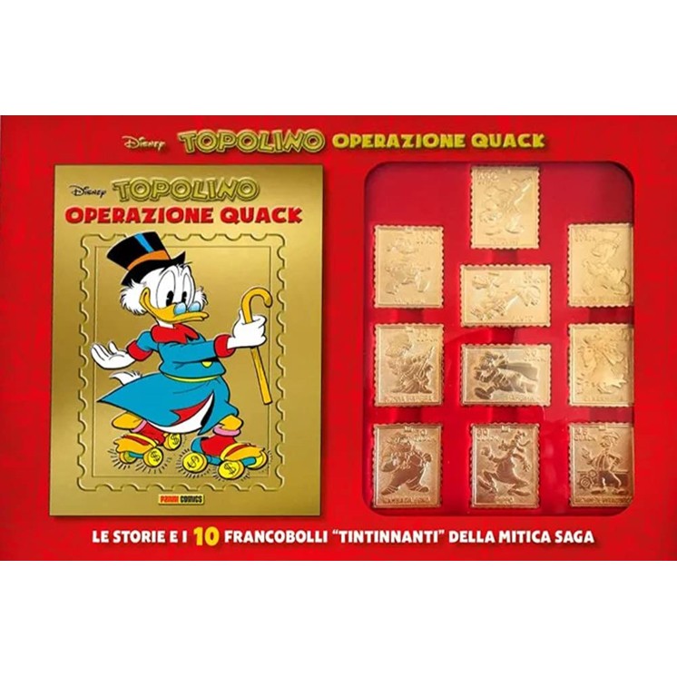 Topolino Operazione Quack Box set con 10 francobolli in metallo ed. Panini FU42